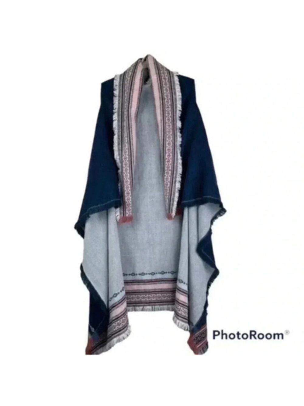 Marc New York Blue Long Line Aztec Blanket Open Front Sweater Fringe Shaw